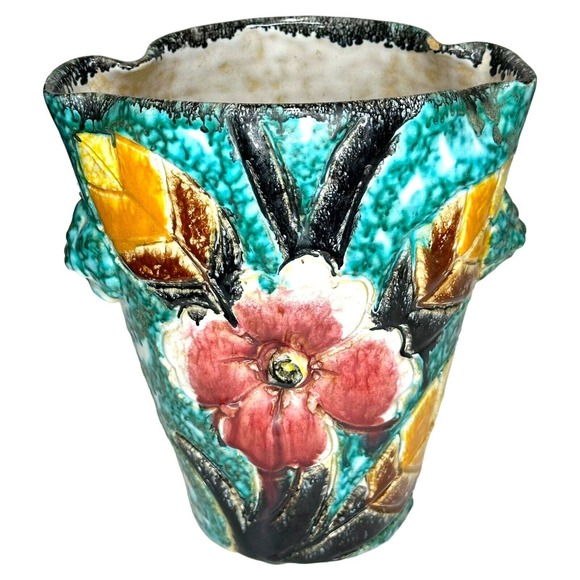 Vtg Italy Sgraffito Pottery Vase Signed Hand Painted Handles Allow Hanging 7” - Picture 3 of 11